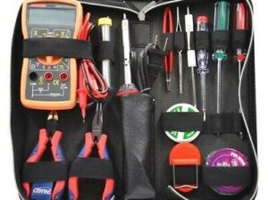 PD56 15 PC TOOL KIT – Digital Multimeter, 5″ Diagonal cutting pliers, 5″ long nose pliers, 3 and 5″ Screwdrivers, Desoldering Pump, Solding Tin, Wire strippers, Digital voltage tester, 30W Soldier Iron, Tweezers, Utility cutter, PVC Tape.